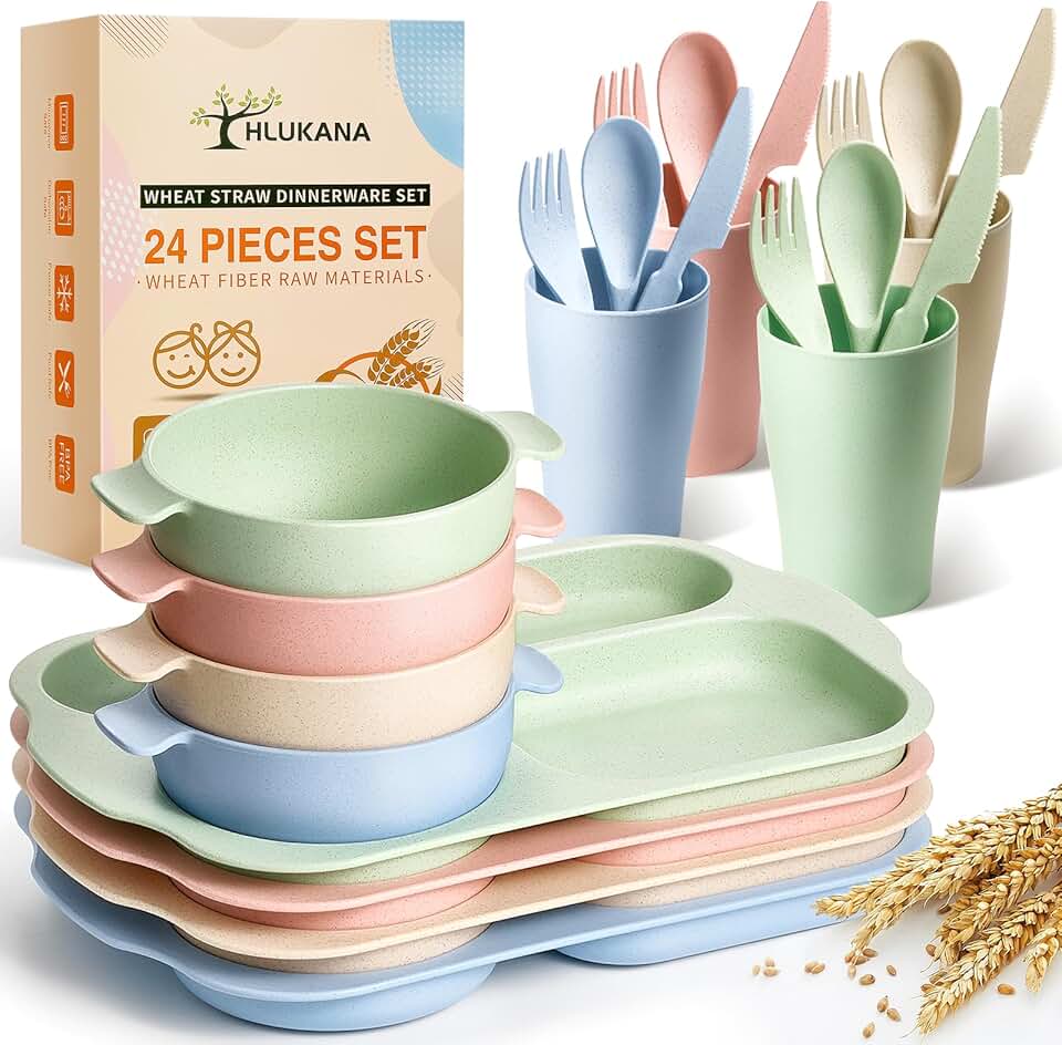 24-Piece Wheat Straw Dinnerware Set with Plates, Bowls, Cups, and Utensils