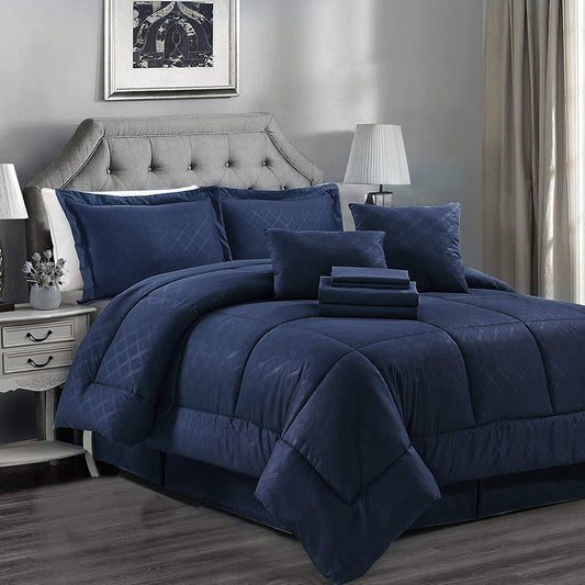 King Comforter Set, 10 Piece Microfiber Bedding Comforter Sets with Shams  430GSM Heavyweight, Solid Color Quilted Embroidered Pattern, Perfect for Any Bed Room or Guest Room, Navy