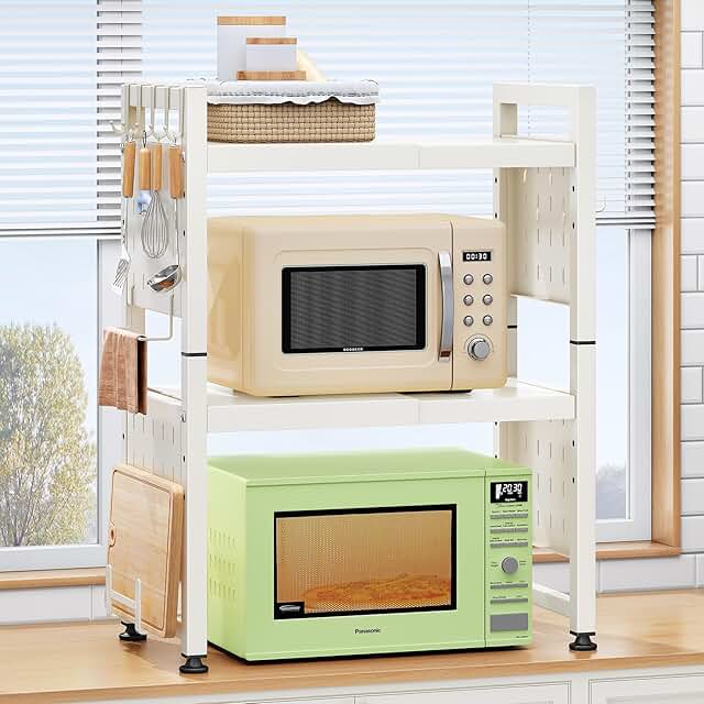 Heavy Duty 3-Tier Adjustable Microwave Stand with Hooks