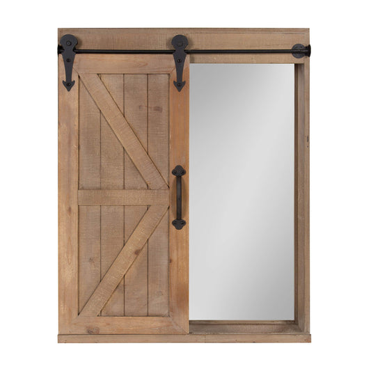 Cates Decorative Wood Wall Storage Cabinet with Vanity Mirror and Sliding Barn Door, Rustic Brown