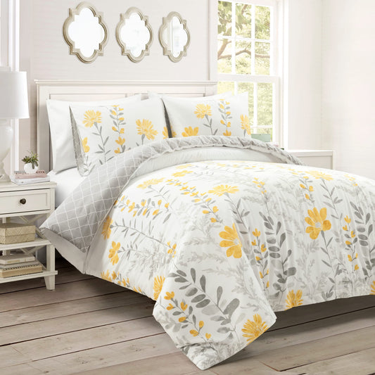 Aprile Reversible Cotton 3 Piece Duvet Cover Set, Full/Queen, Yellow  Gray