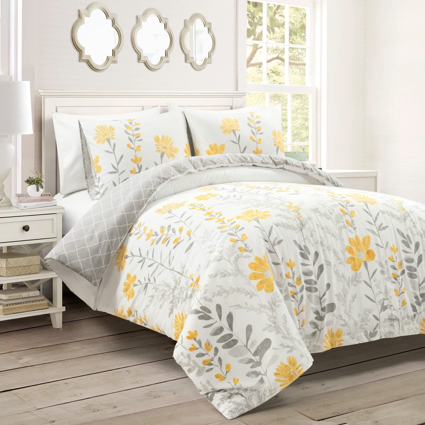 Aprile Reversible Cotton 3 Piece Duvet Cover Set, King, Yellow  Gray