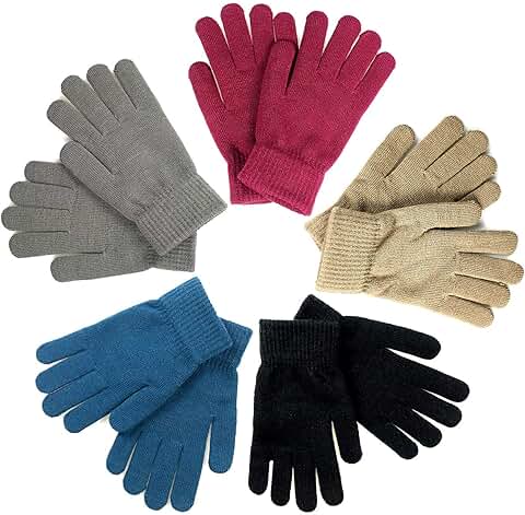 Warm Stretchy Knit Gloves for Adults, 5 Pairs