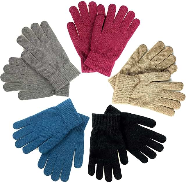 Warm Stretchy Knit Gloves for Adults, 5 Pairs