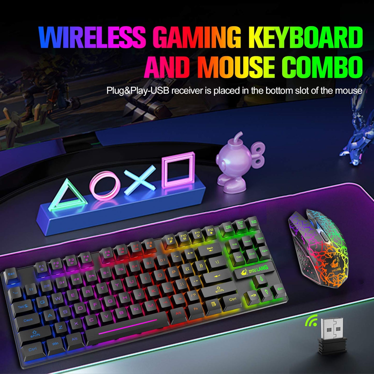Wireless Gaming Keyboard and Mouse Combo with 87 Key Rainbow LED Backlight Rechargeable 3800mAh Battery Mechanical Feel Anti-ghosting Ergonomic Waterproof RGB Mute Mice for Computer PC Gamer (Black)