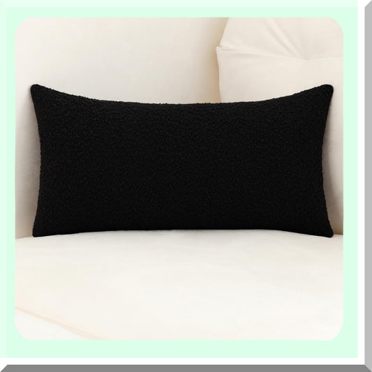 Luxury Black Boucle Lumbar Pillow Cover - Plush Decorative Cushion Case for Sofa - Thick Textured Throw Pillow - 14x36 Inch - Set of 1