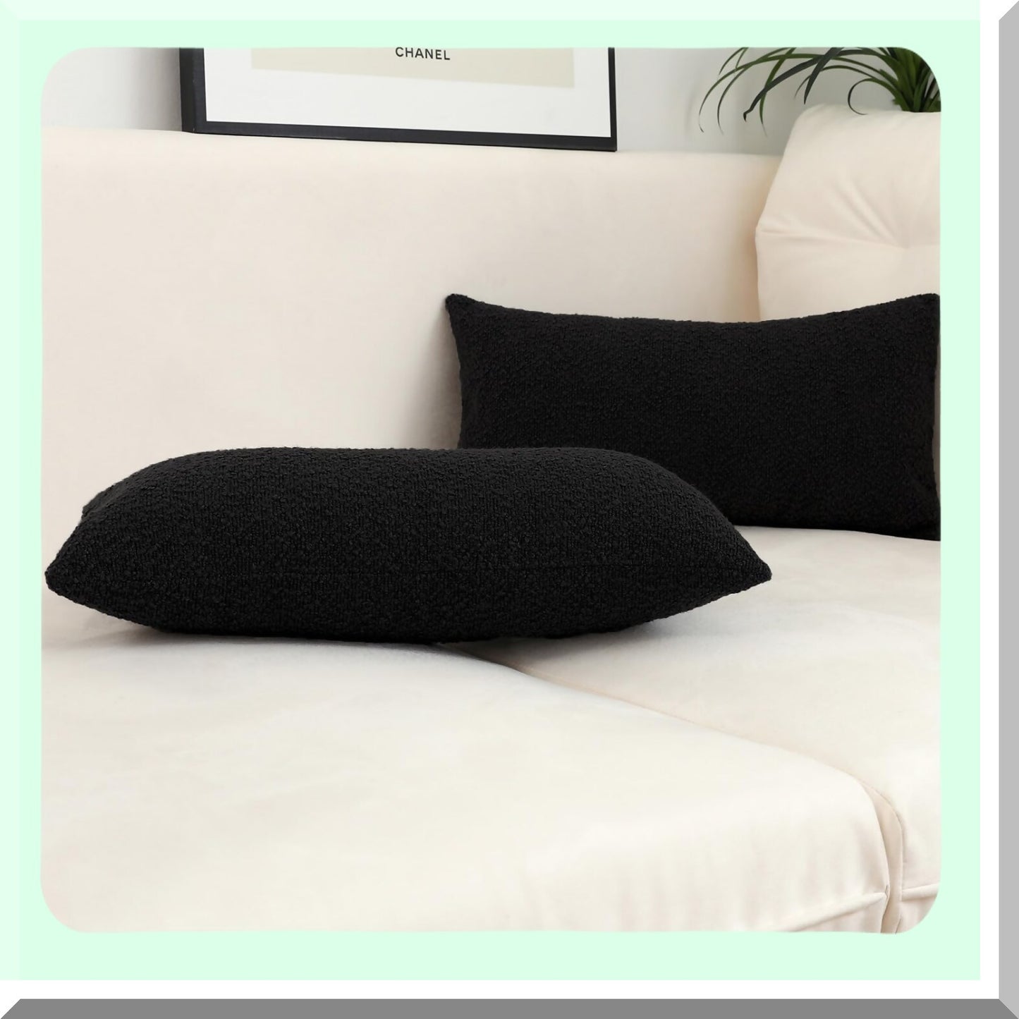 Luxury Black Boucle Lumbar Pillow Cover - Plush Decorative Cushion Case for Sofa - Thick Textured Throw Pillow - 14x36 Inch - Set of 1