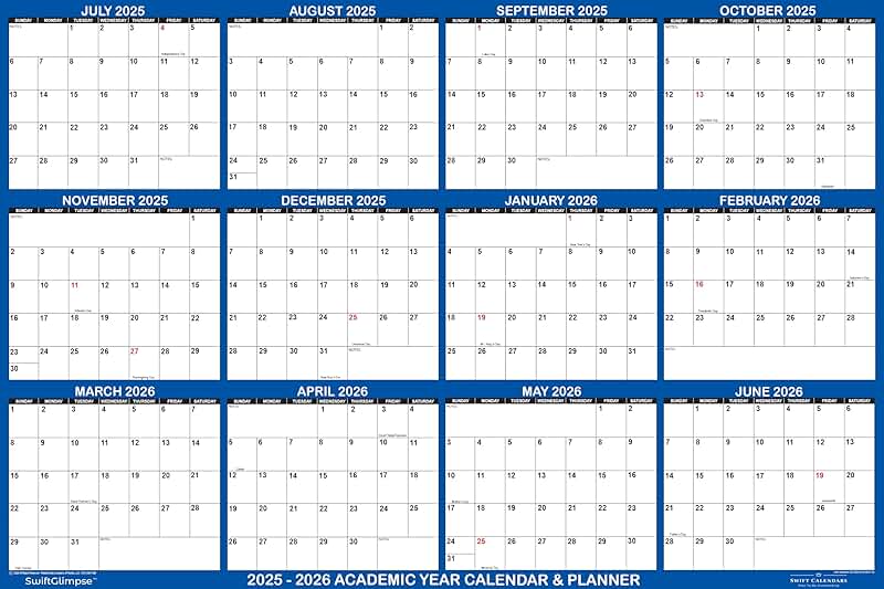 Large 2025-2026 Academic Wall Calendar July to June