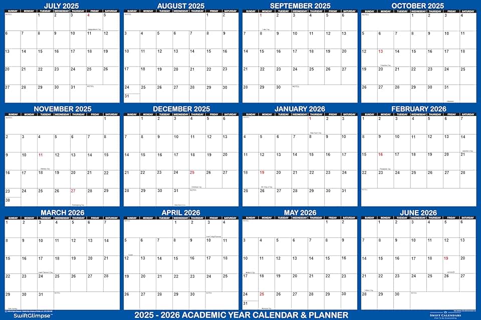 Large 2025-2026 Academic Wall Calendar July to June