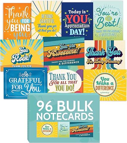 96 Appreciation Cards with Envelopes, Bulk Thank You Notes