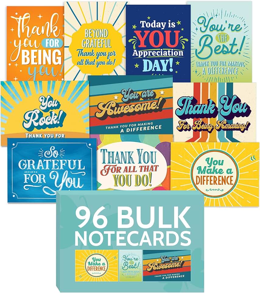 96 Appreciation Cards with Envelopes, Bulk Thank You Notes