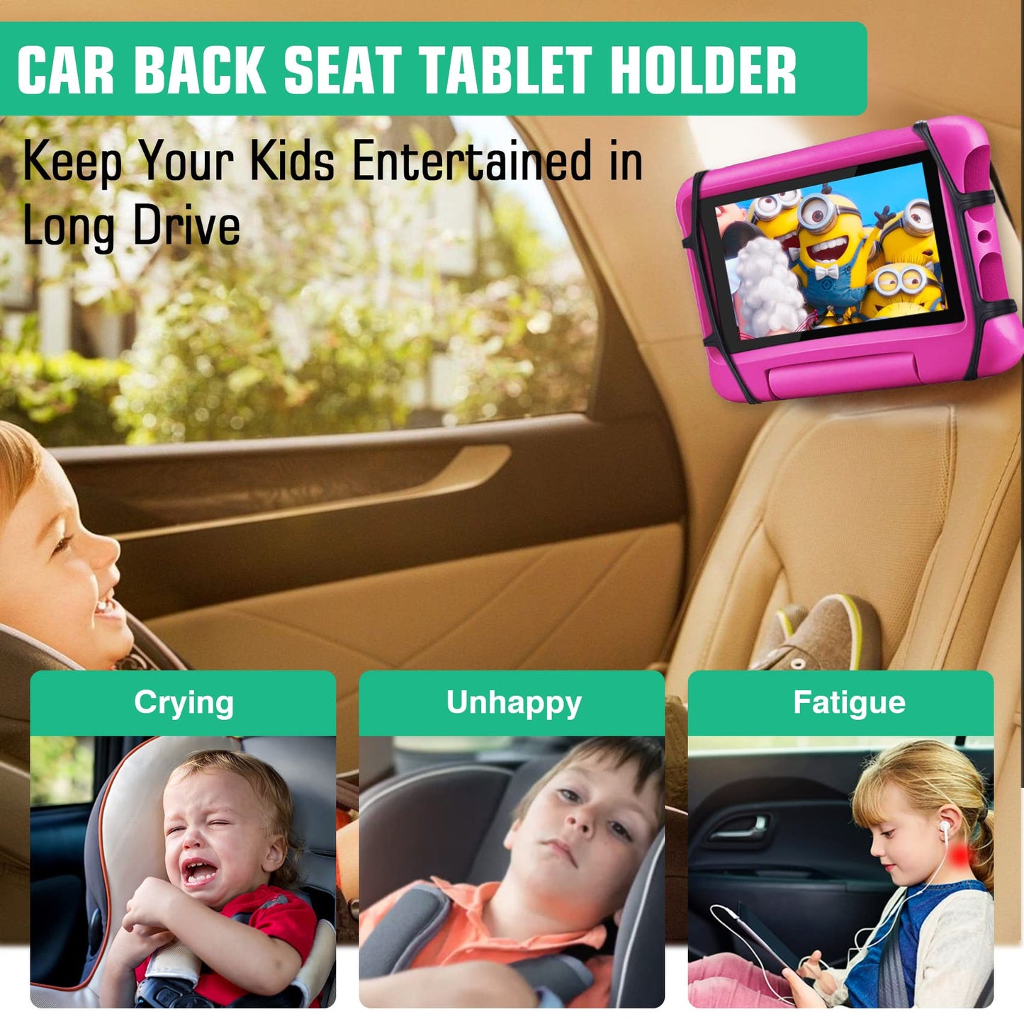 Car Headrest Mount Holder for Tablets, Tablet Mount for Car Back Seat, Tablet Car Holder for Kids with Anti-Slip Strap & Silicone Holding Net/Fits All 7-10.5" Tablets