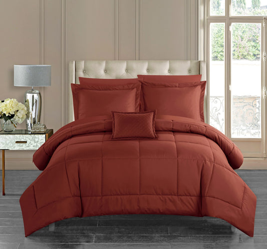 Jordyn 6 Comforter Set Pieced Solid Color Stitched Design Complete Bag Bedding-Sheets Decorative Pillow Sham Included, Twin, Brick