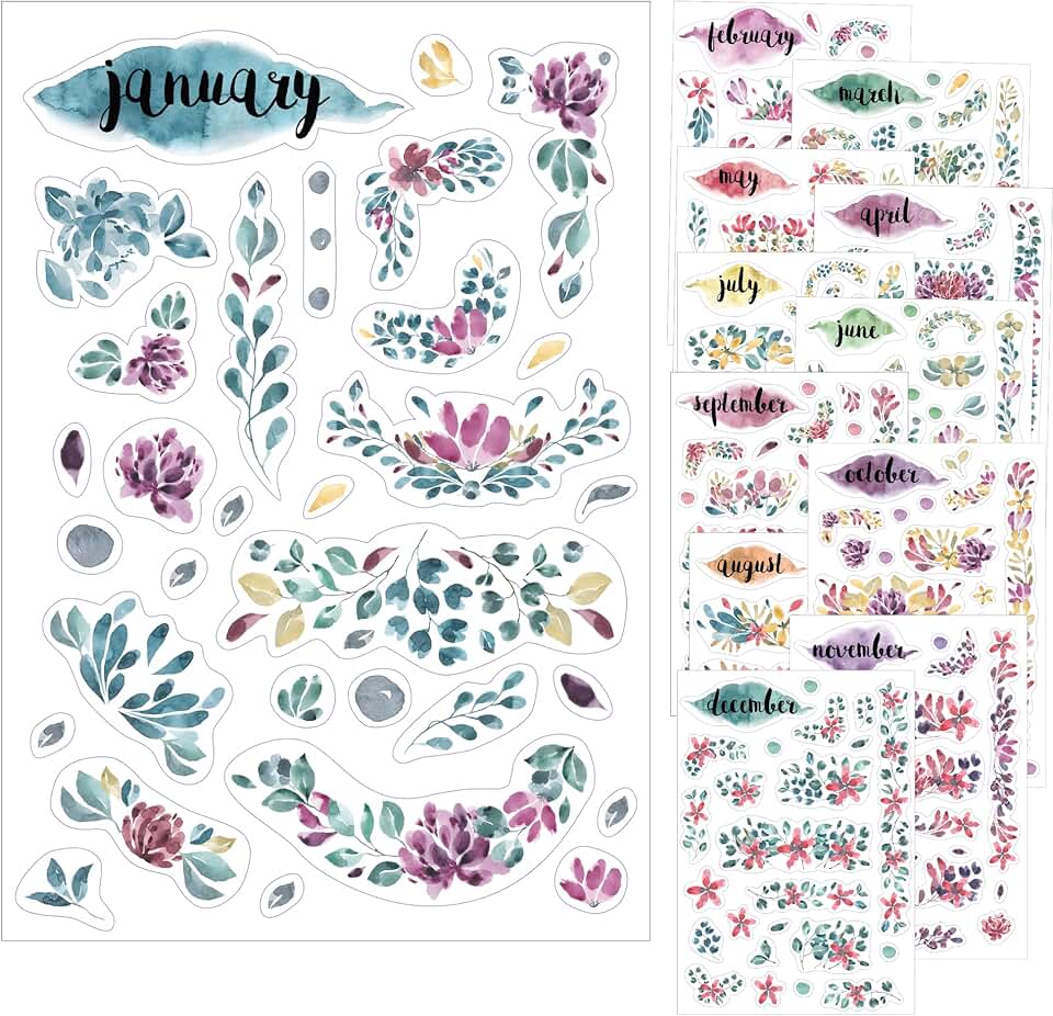 12 Clear Watercolor Monthly Planner Sticker Sheets