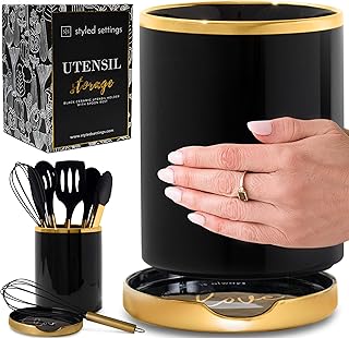 Black and Gold Ceramic Utensil Holder with Spoon Rest