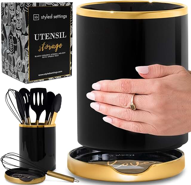 Black and Gold Ceramic Utensil Holder with Spoon Rest