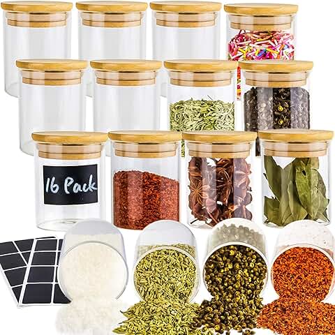 16 Glass Jars with Bamboo Lids for Kitchen Storage