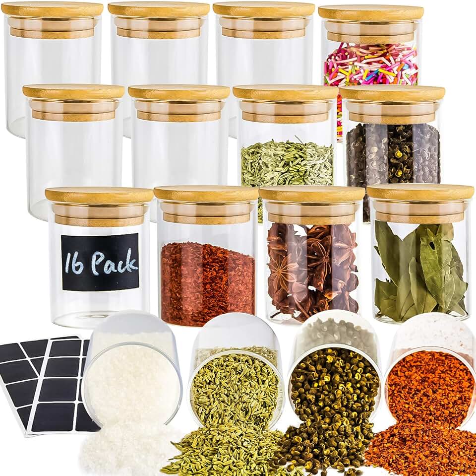 16 Glass Jars with Bamboo Lids for Kitchen Storage