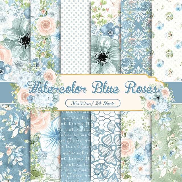 24 Blue Floral Pattern Scrapbook Papers 30x30cm