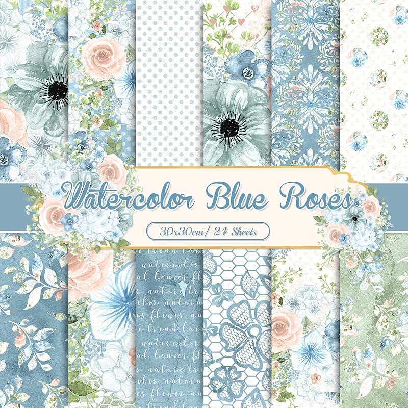 24 Blue Floral Pattern Scrapbook Papers 30x30cm