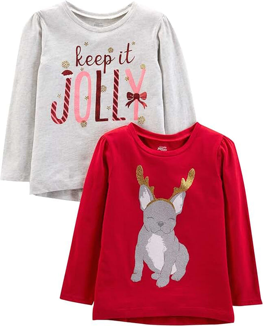 Two Christmas Long-Sleeve Tees for Toddler Girls