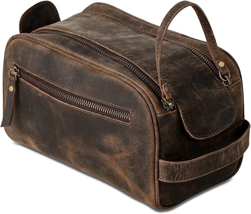 Leather Toiletry Bag with Water-Resistant Lining and Handle
