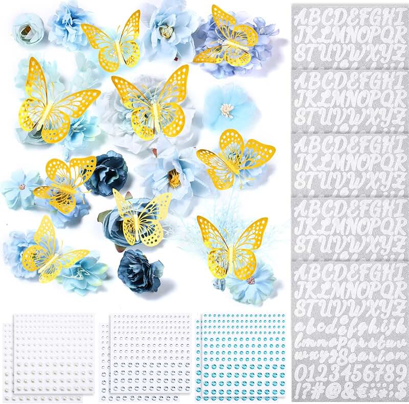 DIY Handcraft Decorations Kit with Flowers, Butterflies, Rhinestones, and Letters