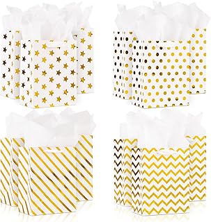 Set of 12 Small White Metallic Gift Bags with Tissue and Accessories