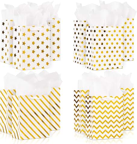 Set of 12 Small White Metallic Gift Bags with Tissue and Accessories