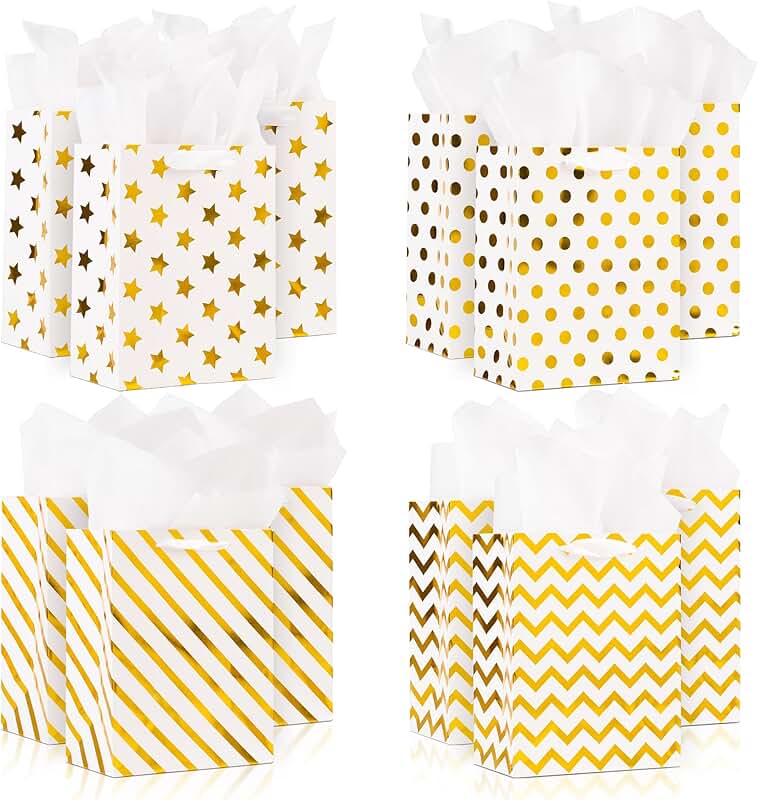 Set of 12 Small White Metallic Gift Bags with Tissue and Accessories