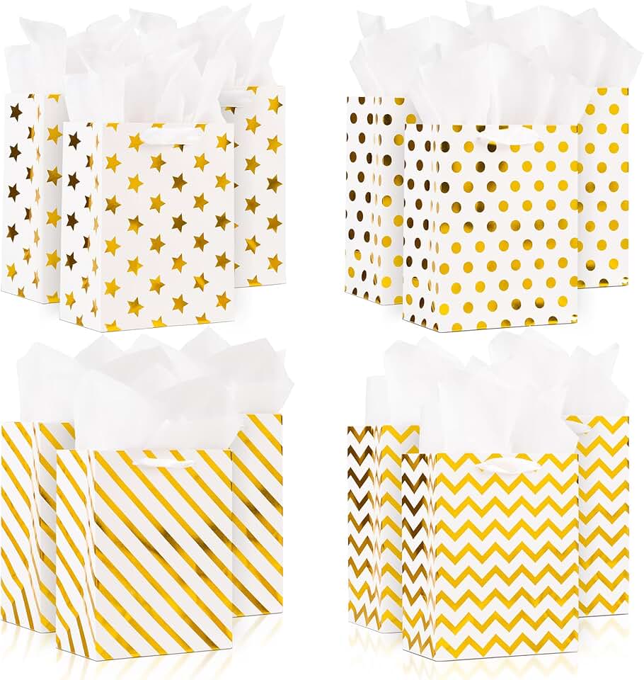 Set of 12 Small White Metallic Gift Bags with Tissue and Accessories