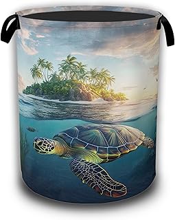 Tropical Sea Turtle Laundry Hamper, Waterproof Oxford Cloth, 16x20.8 Inches