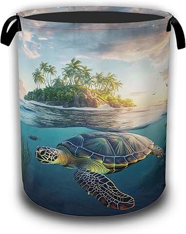 Tropical Sea Turtle Laundry Hamper, Waterproof Oxford Cloth, 16x20.8 Inches