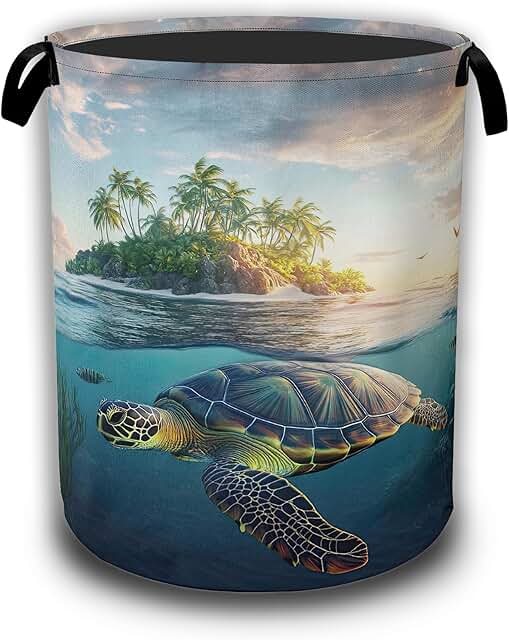 Tropical Sea Turtle Laundry Hamper, Waterproof Oxford Cloth, 16x20.8 Inches