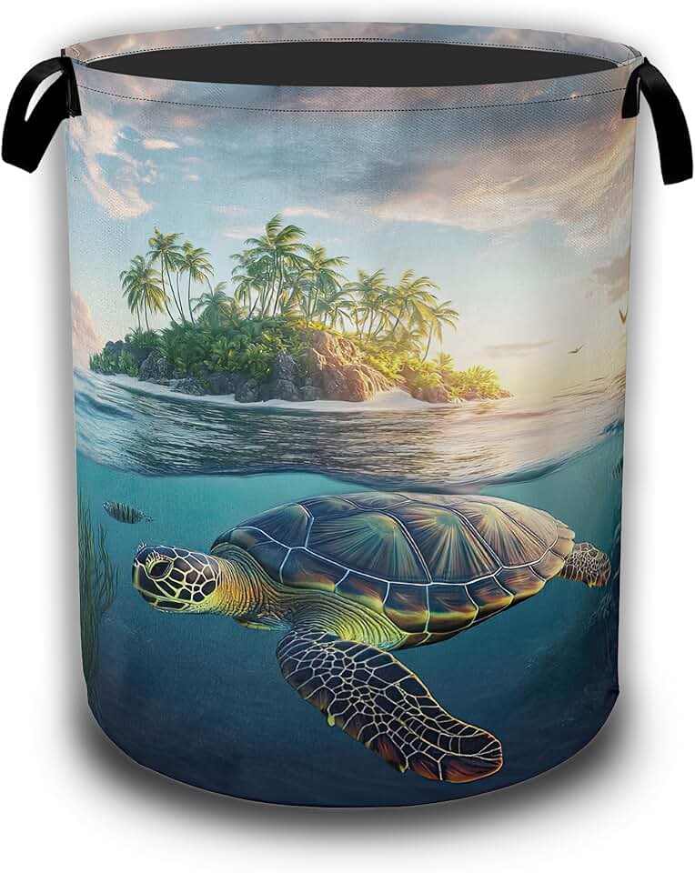 Tropical Sea Turtle Laundry Hamper, Waterproof Oxford Cloth, 16x20.8 Inches
