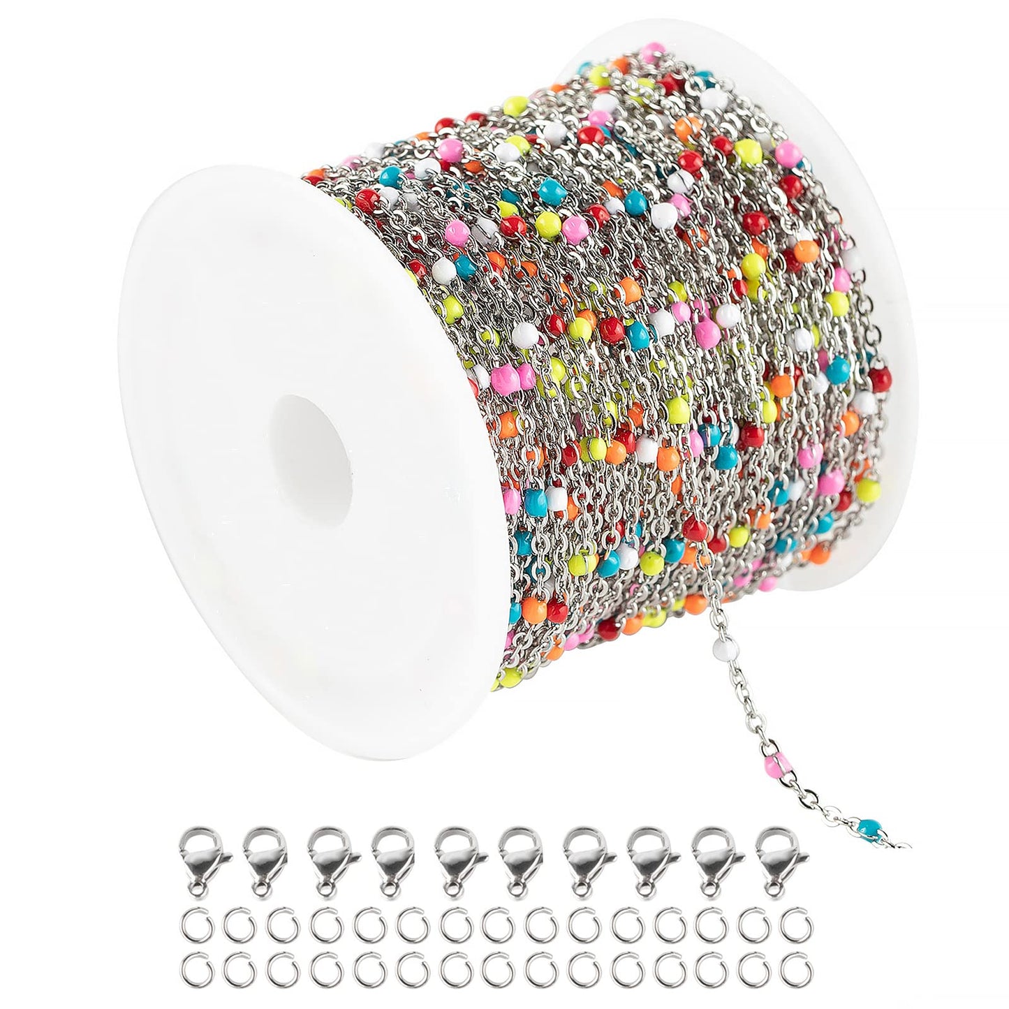 33 Feet Stainless Steel Beaded Jewelry Chain with Clasps and Jump Rings
