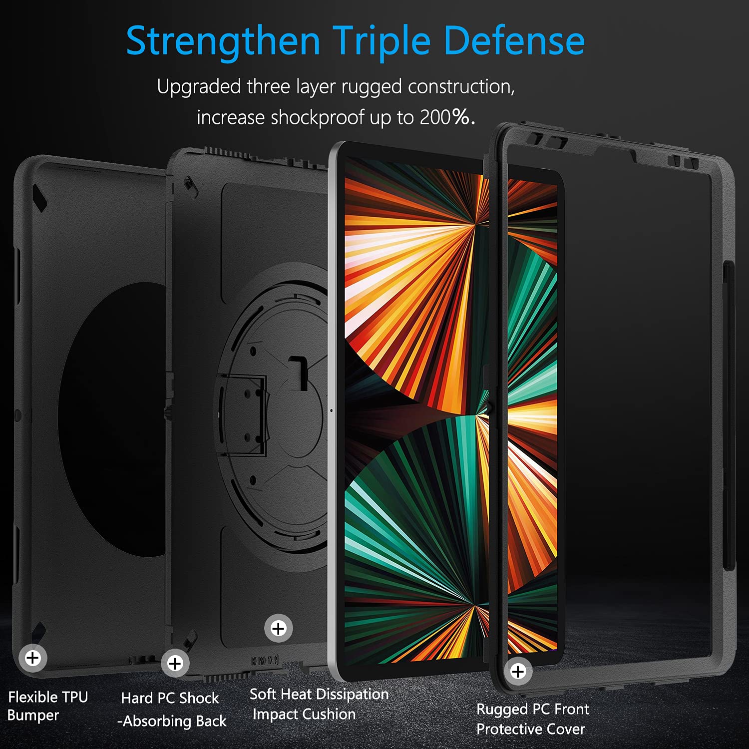 iPad Pro 12.9 Case 2021/2020: Military Grade Heavy Duty Shockproof Cover for iPad Pro 12.9 Inch 5th/4th Generation- Pencil Holder - Rotating Stand - Hand/Shoulder Strap - Black