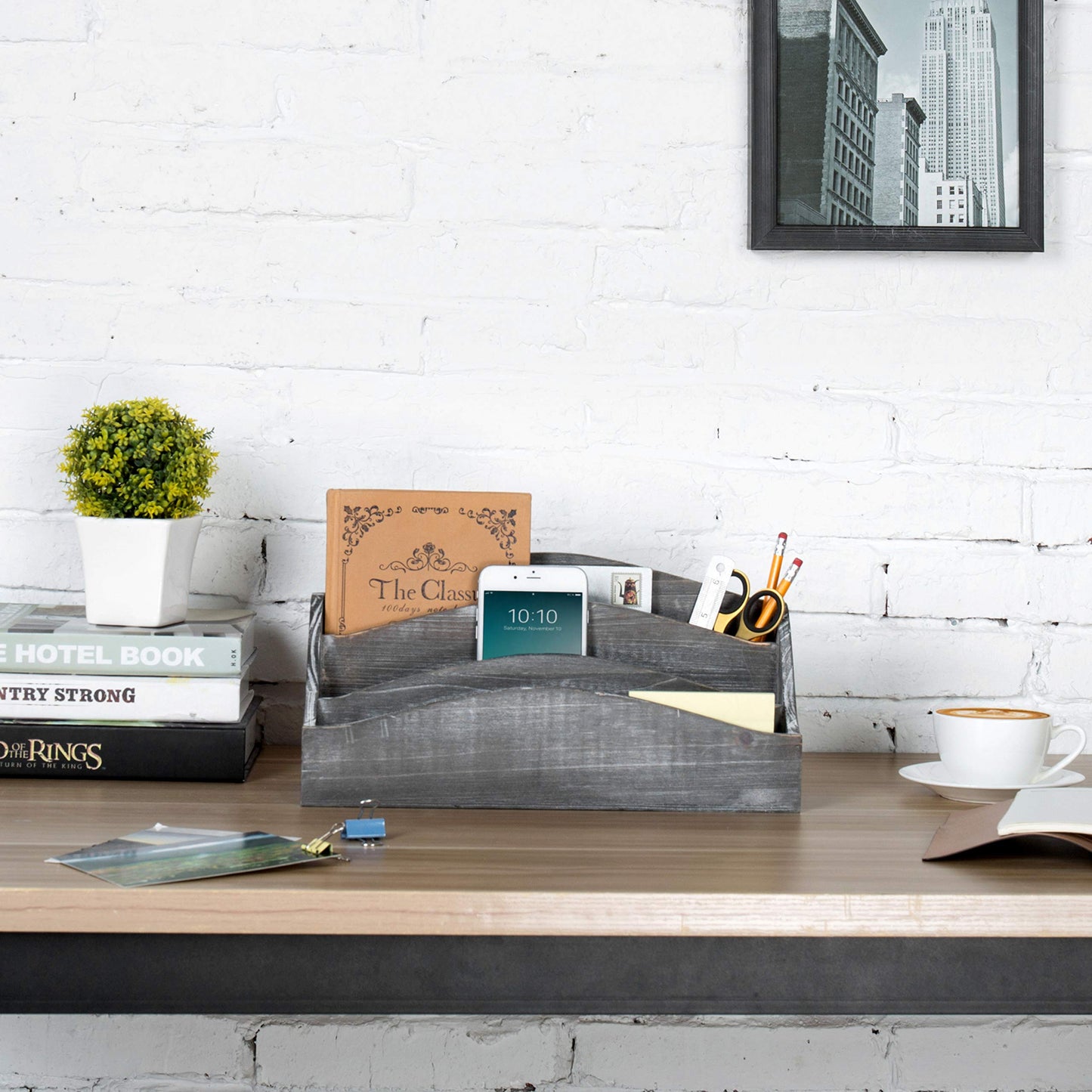 Wood Desk Mail Sorter with 3 Slots and Gray Finish