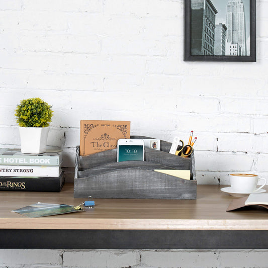 Wood Desk Mail Sorter with 3 Slots and Gray Finish