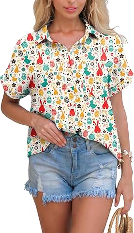 Women’s Short Sleeve V-Neck Loose Collared Button-Down Shirt