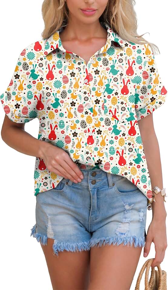 Women’s Short Sleeve V-Neck Loose Collared Button-Down Shirt