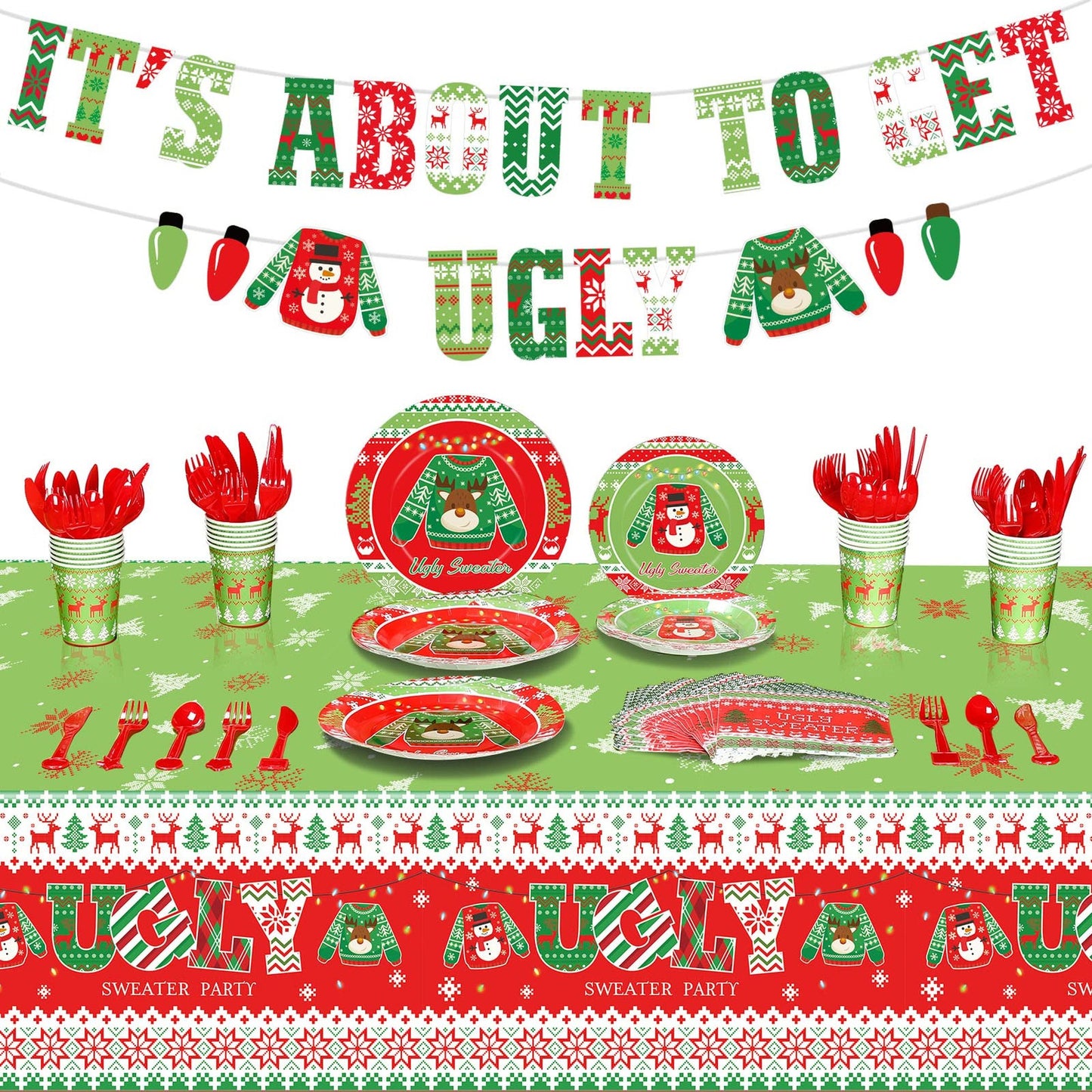 Festive Xmas Party Pack - 172-Piece Disposable Dinnerware Set with Sweater Decorations, Includes Plates, Cups, Napkins, Cutlery, Tablecloths & Banner - Serves 24