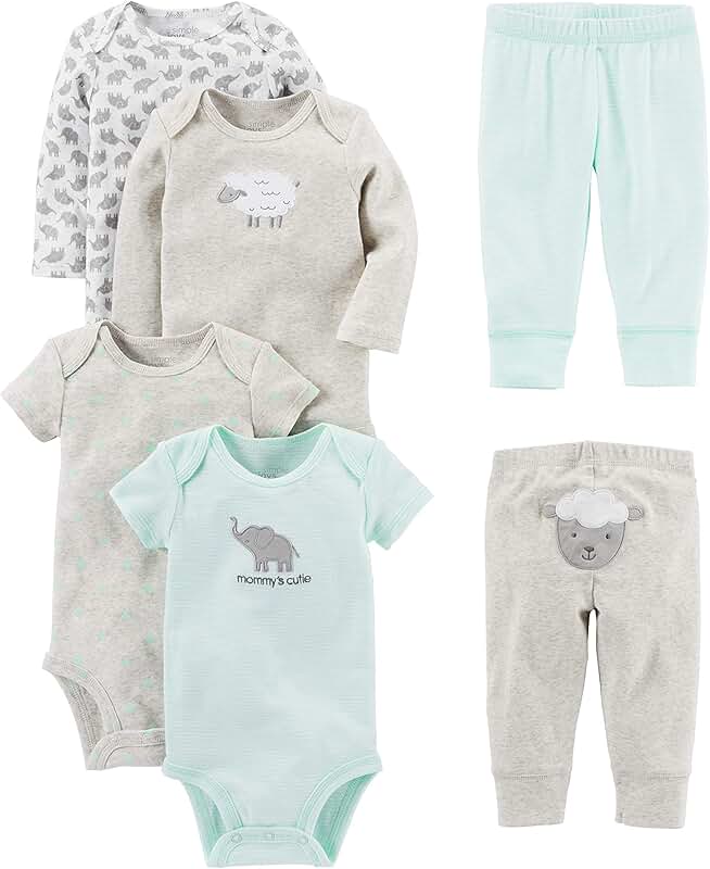 Baby unisex 6-piece bodysuit and pants set