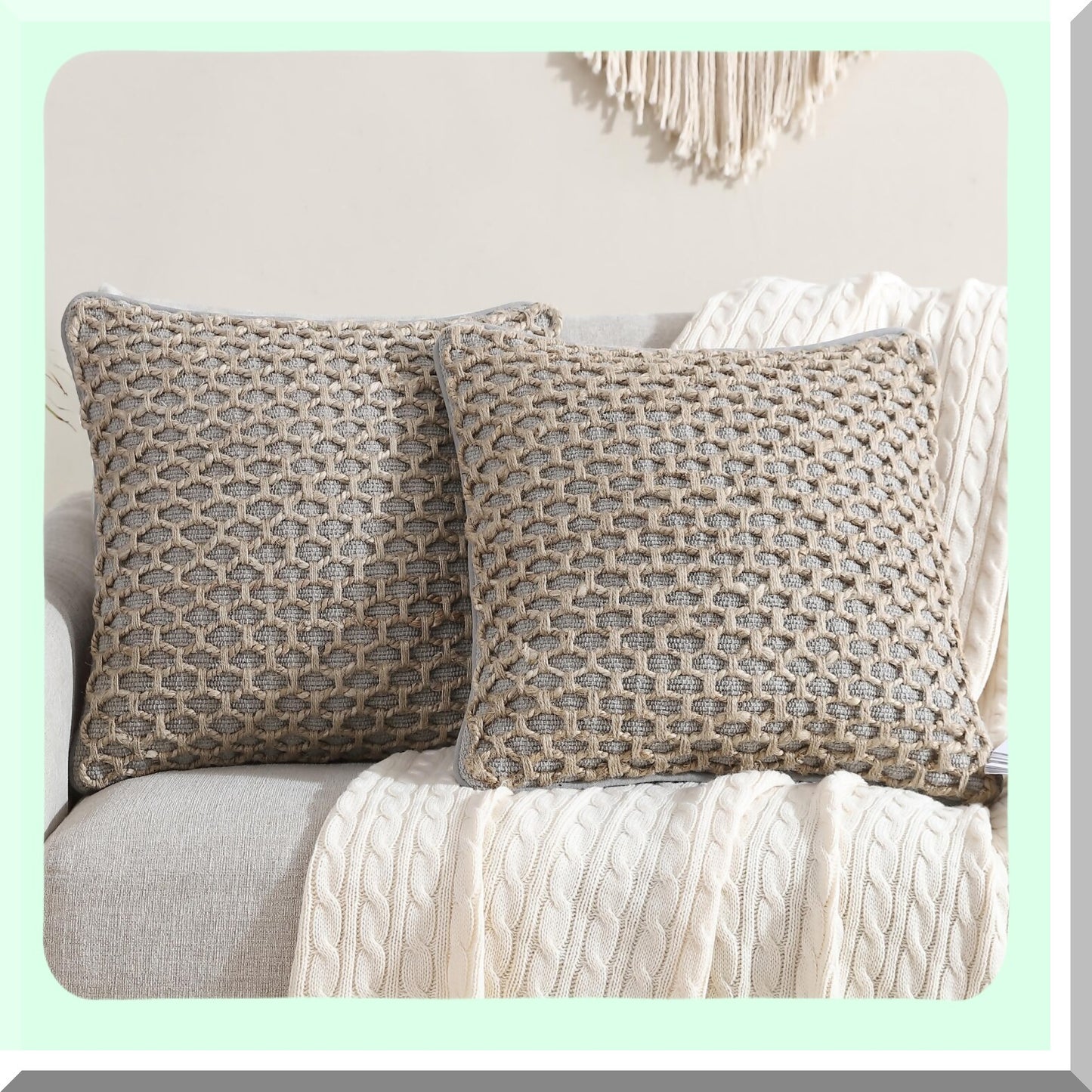 Premium Woven Grey Pillow Covers - Set of 2 | Decorative Throw Pillow Cases for Room Decor | 20" x 20" Cushion Covers | Insert Not Included