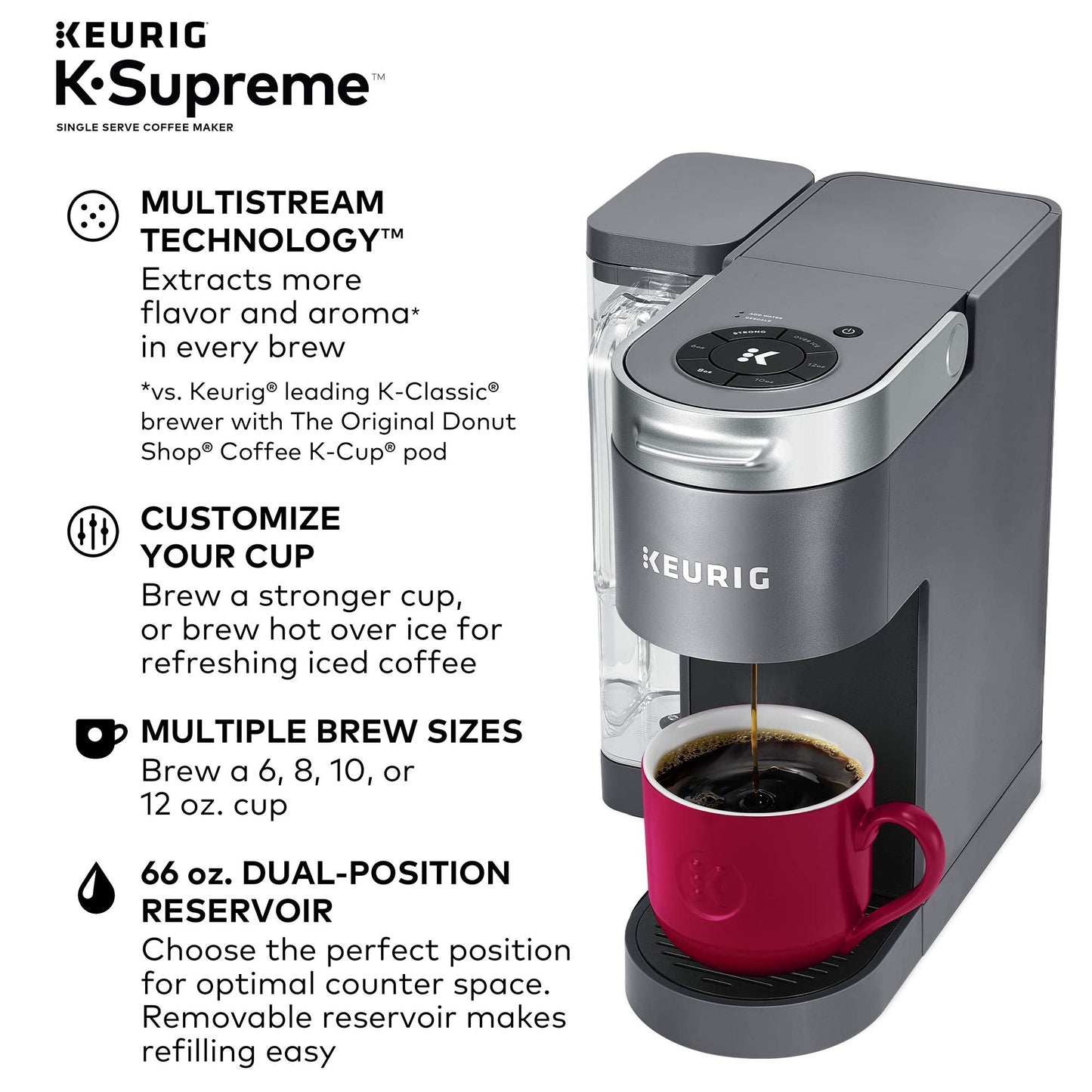 K-Supreme Coffee Maker, Single Serve K-Cup Pod Coffee Brewer, With MultiStream Technology, 66 Oz Dual-Position Reservoir, and Customizable Settings, Gray