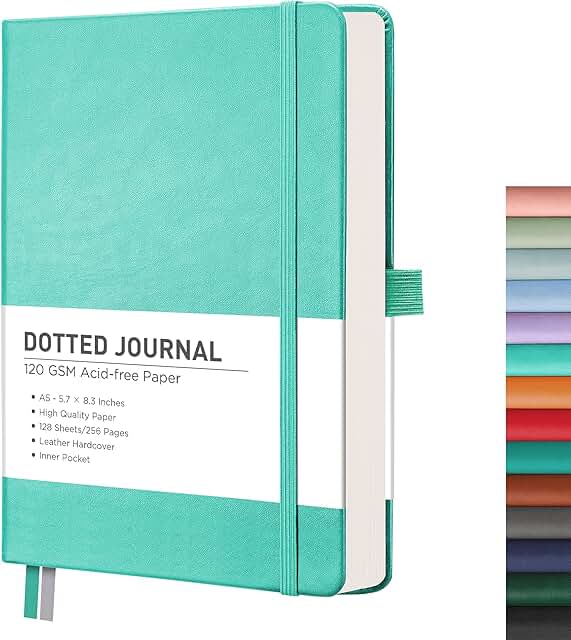 Bullet Dotted Journal Notebook, 256 Pages, A5, Leather Cover