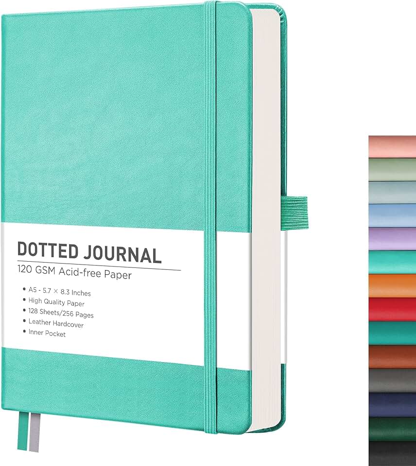 Bullet Dotted Journal Notebook, 256 Pages, A5, Leather Cover