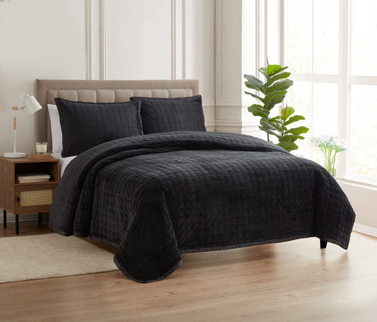 Quilt Sets Trim Bedspread Cover Soft and Luxurious Oversized All Season Bedding with Pillow Shams, King, Velvet Black