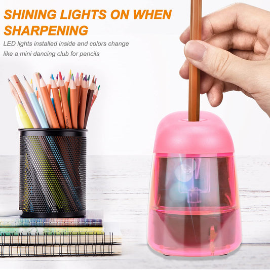 Pink battery-powered pencil sharpener with LED light