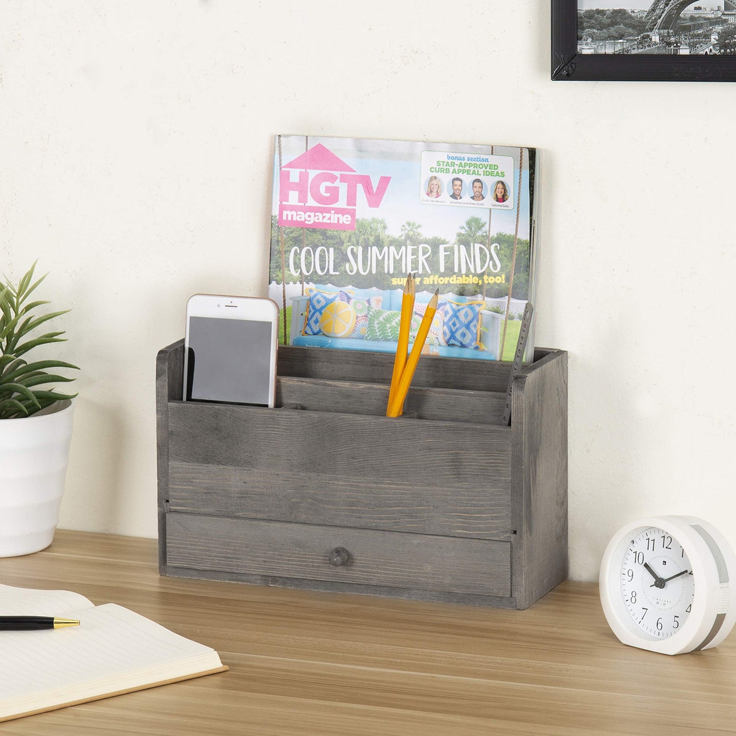 Rustic Gray Wooden Desk Organizer with 5 Slots and Drawer